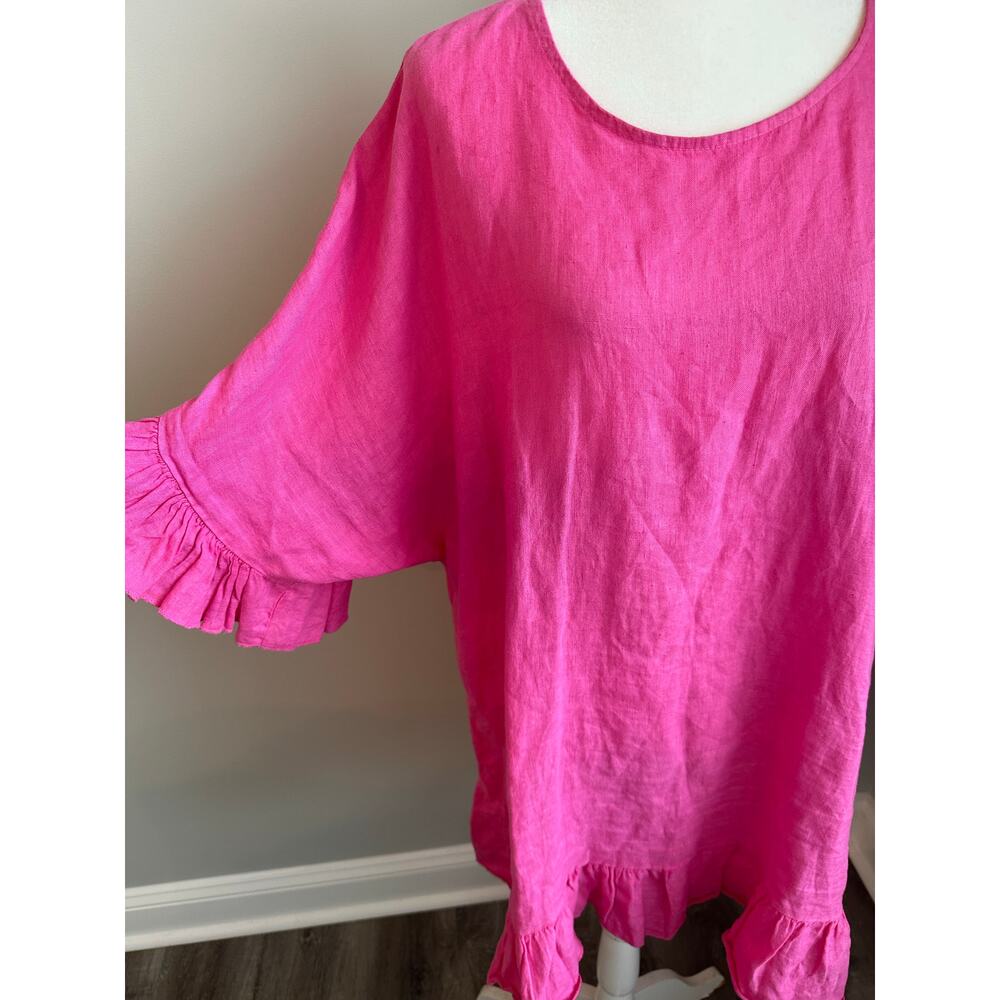 Piazza Del Tempio 100% Linen Top Tunic Dress Small Hot Pink Ruffle Sleeve Boho